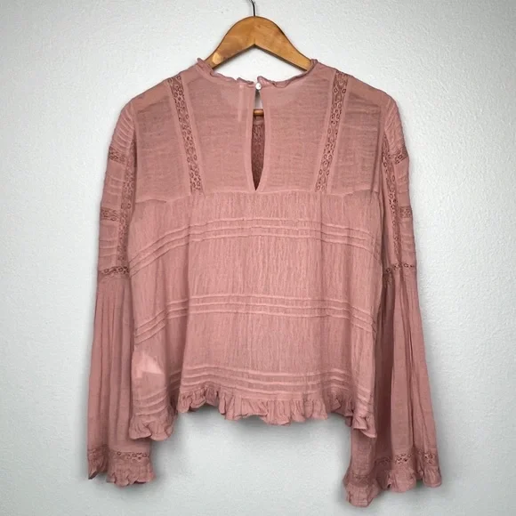 Free People Peony Olivia Eyelet Lace Blouse in Dusty Rose Pink with Long Sleeves - Picture 5 of 10